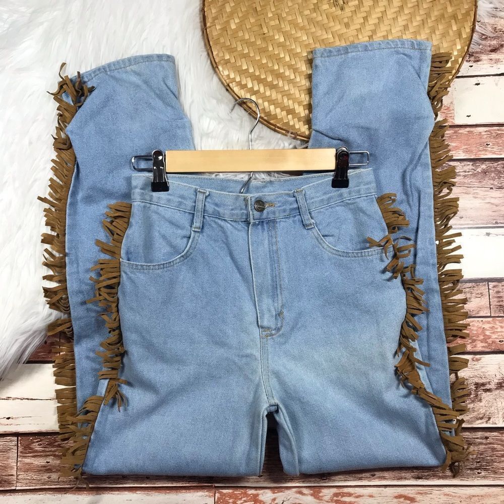 Vintage 1980s faux Leather Fringe High Rise‎ Jeans